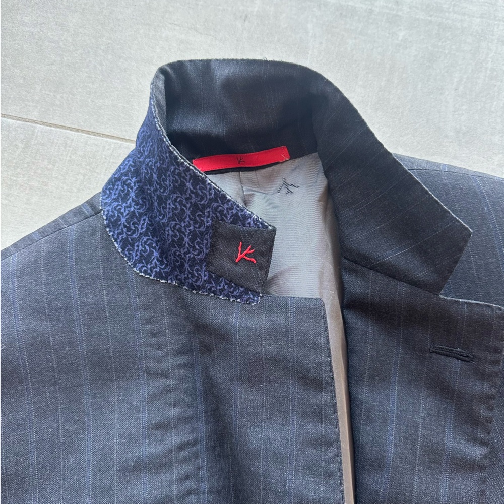 Isaia Recent Striped Charcoal + Blue Wool Blazer - 38r View 2